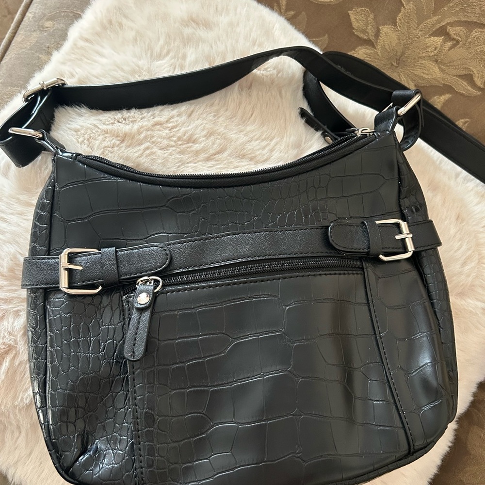 Black Crocodile-Embossed Shoulder Bag